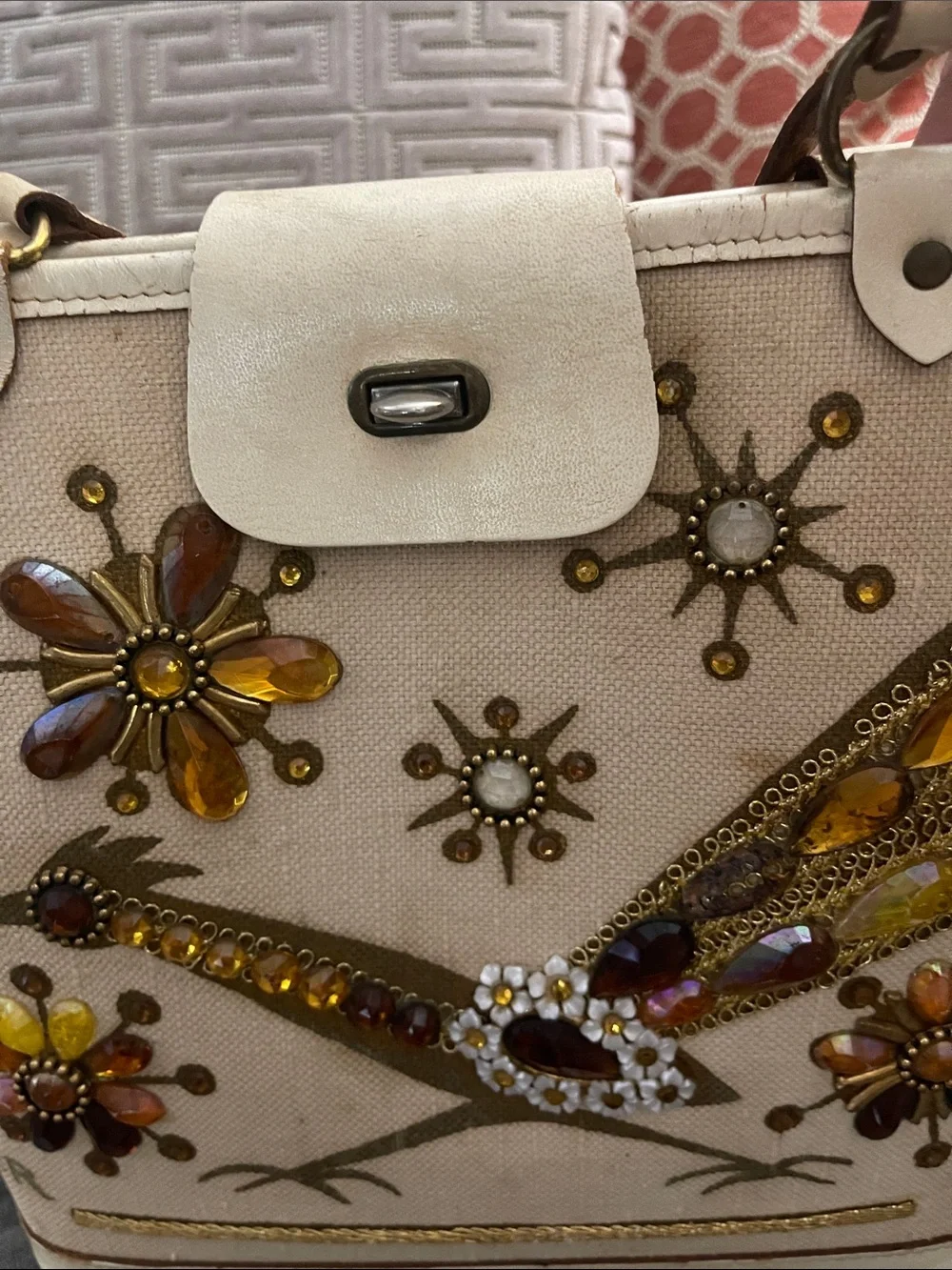 Vintage Embellished Cream Tote with Amber Jewel Bird Design